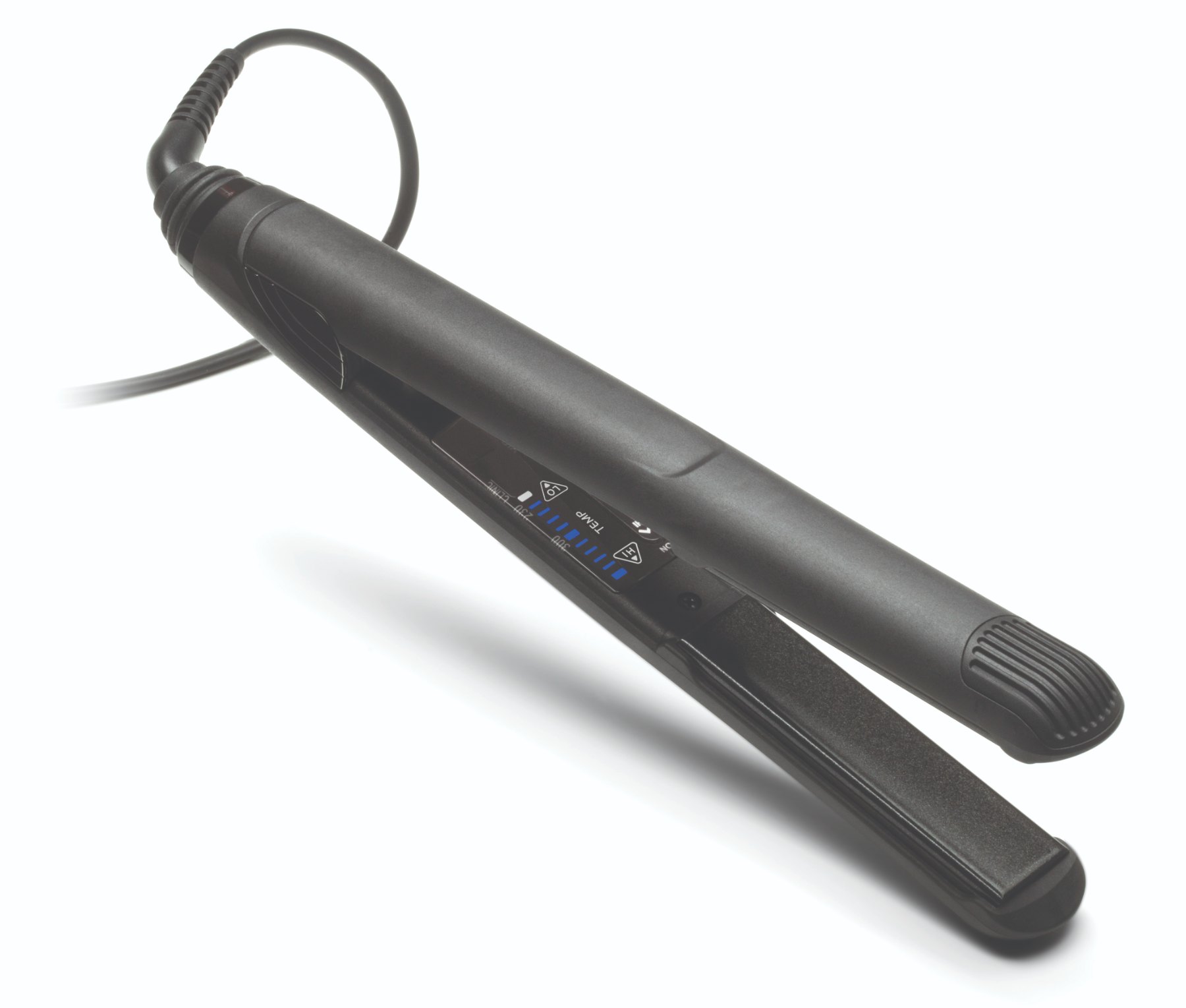 Evan iron open at an angle, showing tourmaline and ceramic heating plates